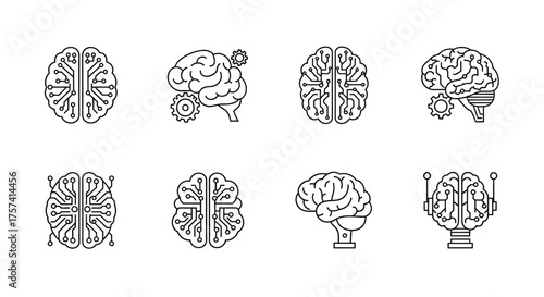 Collection of stylized human brain diagrams in multiple anatomical views sketch style vector