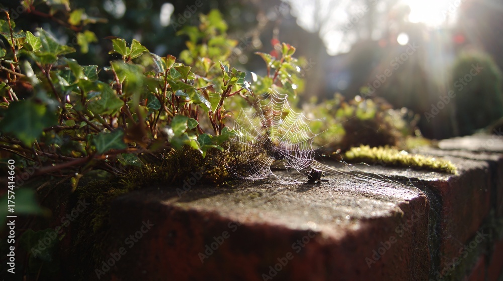 Obraz premium Sunlit spiderweb with dewdrops among ivy on rustic brick garden wall