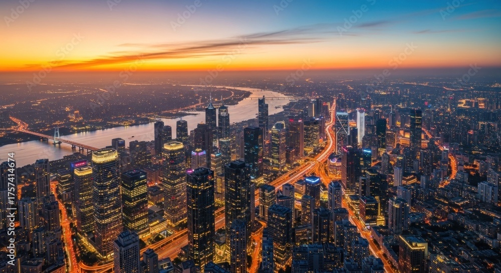 Obraz premium A panoramic view of a city skyline at sunset, featuring tall buildings, bridges, and a river.