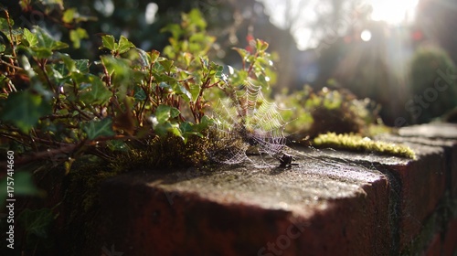 Wallpaper Mural Sunlit spiderweb with dewdrops among ivy on rustic brick garden wall Torontodigital.ca