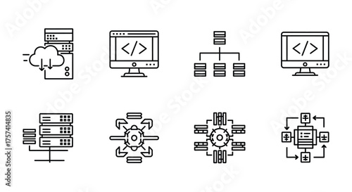 Set of eight digital technology icons representing cloud computing data storage and coding on monitors vector