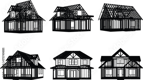 Flat vector wooden house frame construction illustration, modern architecture design, structural engineering blueprint concept drawing