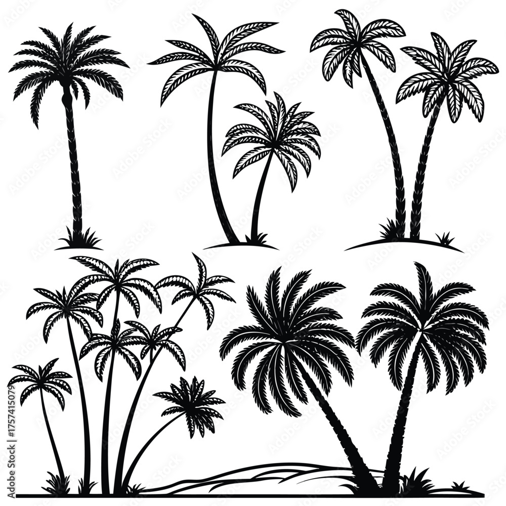 Naklejka premium A collection of black silhouette palm trees arranged in a grid pattern on a white background