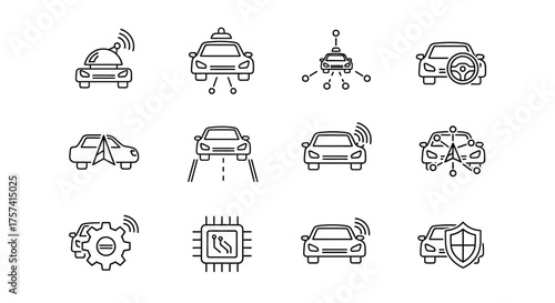Set of autonomous vehicle icons representing futuristic driving technology and smart car features in a clean design vector