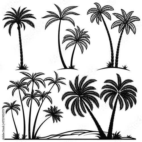 A collection of black silhouette palm trees arranged in a grid pattern on a white background