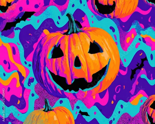Pop art style halloween wallpaper with pumpkin, bold vibrant colors