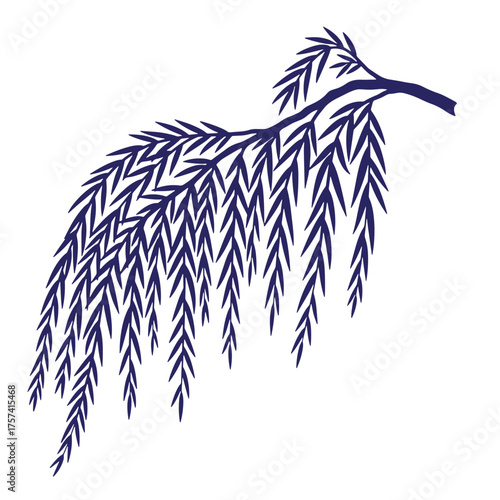 Elegant minimalist silhouette of a weeping willow branch in indigo blue on white