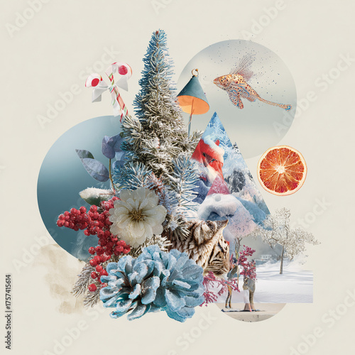 Collage for the New Year holiday. Christmas drawing.