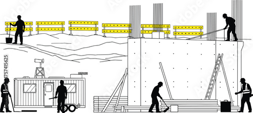 Flat vector construction site illustration with workers, scaffolding, safety barriers, site office, and concrete structure