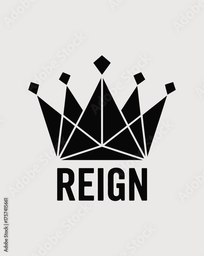 Bold geometric crown design with "Reign" text evokes power and luxury, perfect for branding, logos, or symbols of authority and success in modern designs