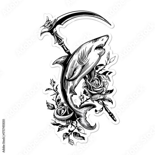 Dark gothic black and white illustration of a shark pierced by a scythe, surrounded by blooming roses, in an edgy tattoo engraving style.