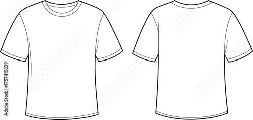 Unisex short sleeve T-shirt flat sketch, front and back view, CAD drawing, fashion vector, apparel template, clothing design illustration