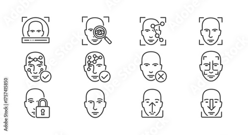 Facial recognition technology icons set security authentication biometrics technology security vector