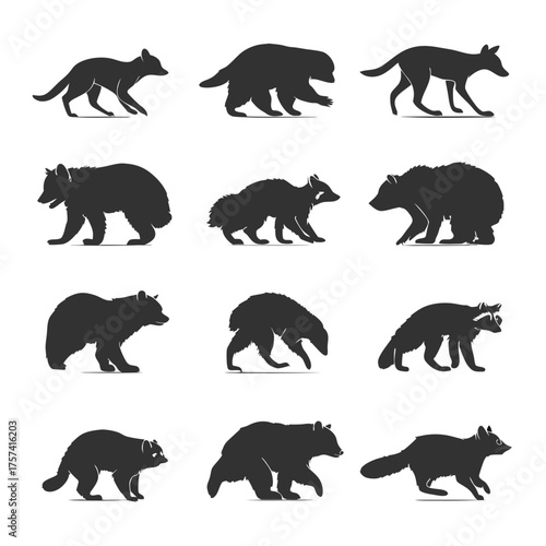 Collection of diverse wild animal silhouettes featuring bears, raccoons, foxes, wolves, and other forest mammals. Vector graphic icons set.