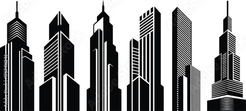 Modern city skyscraper skyline illustration, tall corporate buildings silhouette, urban architecture design, metropolitan business cityscape vector