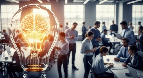 A group of people working in a modern office with a glowing light bulb in the foreground.