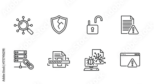 Set of cybersecurity icons representing network security data protection and system integrity for digital safety vector