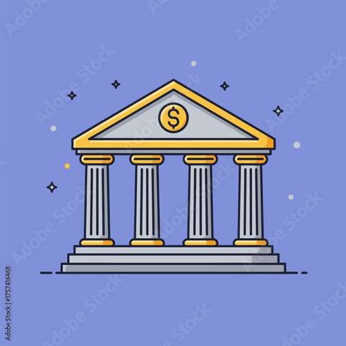 A stylized illustration of a classical bank building with four columns and a triangular pediment featuring a dollar sign.