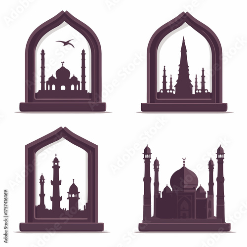 Stylized architectural silhouettes: mosques, temples, and historic buildings in decorative arch window frames for travel and culture.