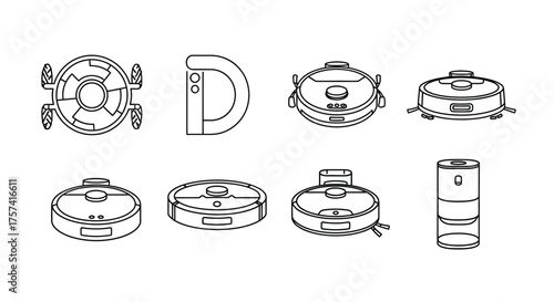 Set of robot vacuum cleaner diagrams showing top front and side views for design and technical use vector