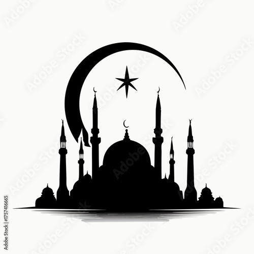 Black silhouette of an Islamic mosque with minarets, dome, crescent moon, and star, representing spirituality and religious architecture icon.