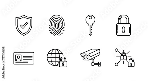 Security icons set featuring shield fingerprint key padlock id card globe camera network vector