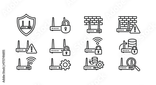 Set of wireless router security and network icons for digital connectivity and cybersecurity vector