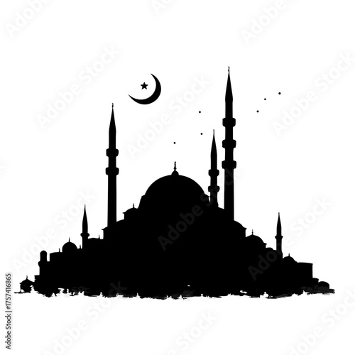 Detailed black silhouette of a mosque featuring multiple minarets, a grand dome, and the symbolic crescent moon and star.