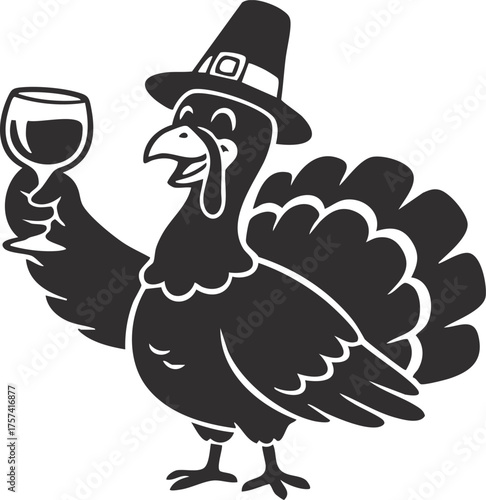Cartoon happy cute thanksgiving turkey bird drinking wine after meal. Design for Thanksgiving Day. Vector illustration
