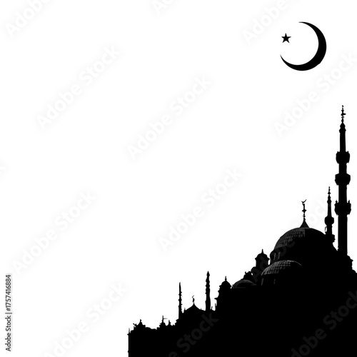Silhouette of a majestic mosque with towering minarets and dome, featuring the crescent moon and star symbol against a white background, Islamic architecture concept.