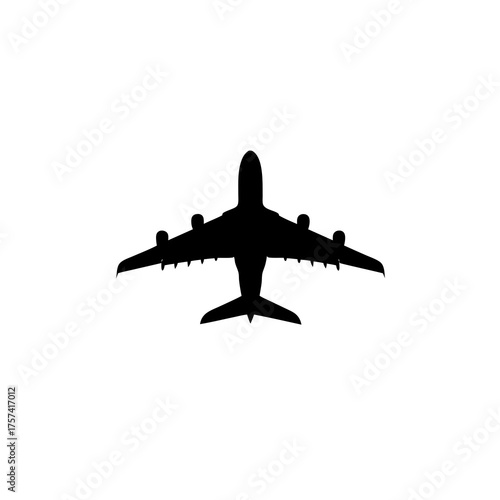 Black silhouette of a commercial passenger airplane from an overhead top view on a clean white background, symbolizing travel and transportation.