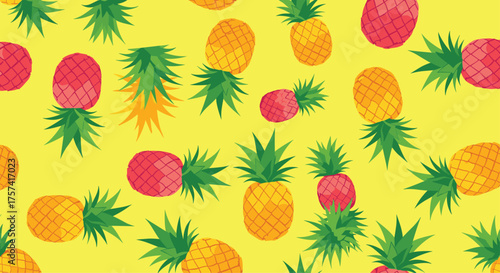 A vibrant yellow background filled with randomly scattered cartoon pineapples of various sizes.