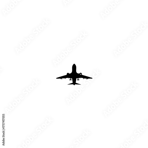 Airplane silhouette on white background. Minimalist black aircraft icon, passenger flight, air travel, aviation symbol.