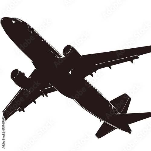 Black silhouette of a commercial passenger airplane in flight, symbolizing air travel, global transportation, and modern aviation design.