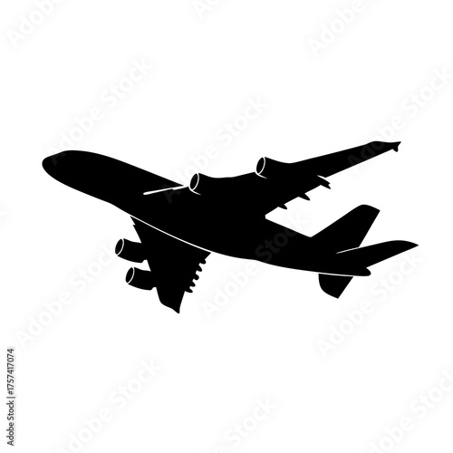 Black silhouette of a large passenger airplane taking off or in flight, symbolizing global travel, aviation, and transport.