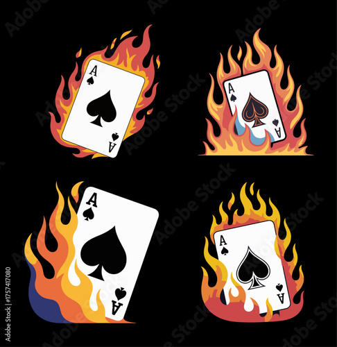Vector illustration set of the Ace of Spades playing card on fire, a powerful symbol for poker, high-stakes gambling, luck, and intense passion