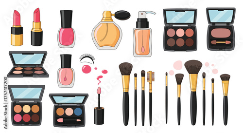 A collection of makeup products and brushes is artistically arranged.