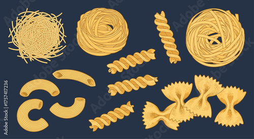 A collection of different shapes and types of dry pasta laid out on a dark background.