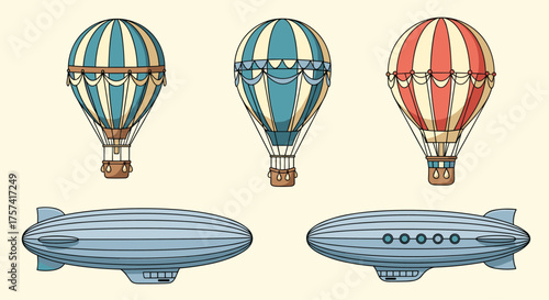 A collection of vintage hot air balloons and dirigibles in retro style.
