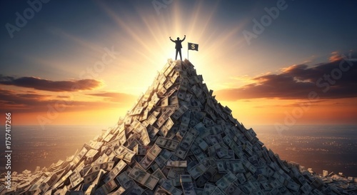 A man standing on top of a mountain of money with a flag, symbolizing success and wealth.