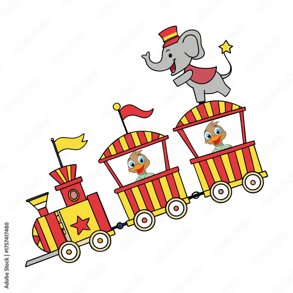 Fototapeta premium Cheerful Cartoon Circus Train Sticker With Bright Red Engine Design