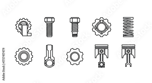Set of mechanical components gears bolts springs pistons and connecting rods hand drawn style vector