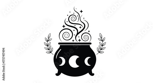 Enchanting cauldron bubbling with magical potions and celestial symbols creating an ethereal atmosphere.