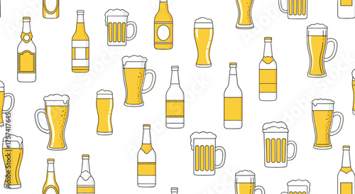 A playful pattern of various beer bottles and mugs fills the frame.