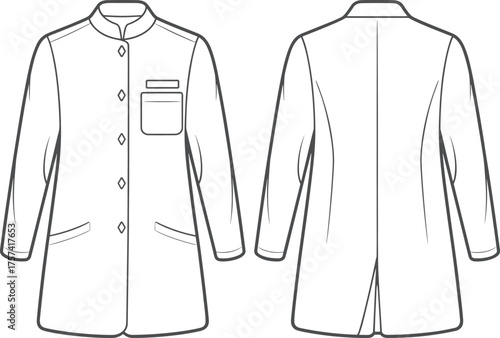Long coat sketch, front and back view, fashion flat illustration, vector template, garment design, apparel drawing, tailored outerwear construction
