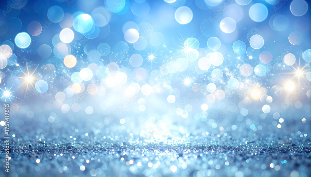 Obraz premium Beautiful defocused holiday blue background with glittering light bokeh. Soft glow