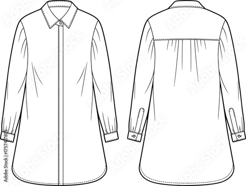Shirt dress sketch, front and back view, fashion flat illustration, vector template, garment design, apparel drawing, pleated back construction