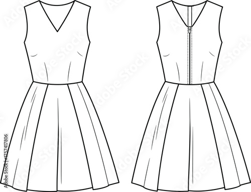 Sleeveless pleated dress sketch, front and back view, fashion flat illustration, vector template, garment design, apparel drawing, neckline variation