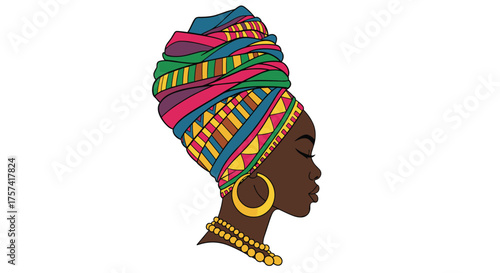 Vibrant portrait of an African woman wearing a colorful headwrap and gold jewelry.