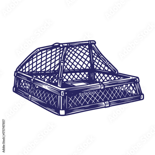 Hand drawn illustration of a traditional open lobster or crab trap for fishing industry.